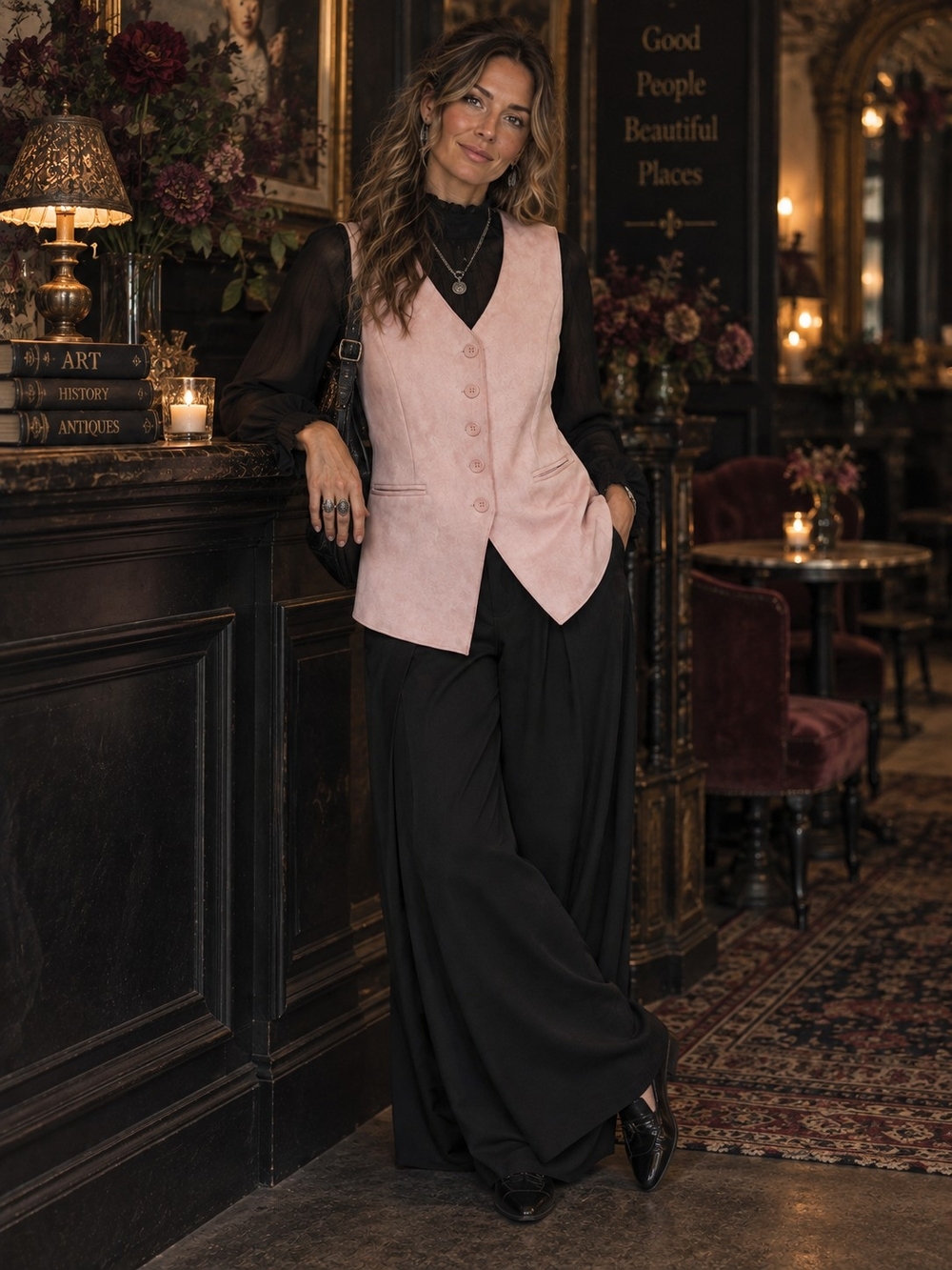 Moa Moa M Blush Pink Faux Suede Longline Vest Button Front